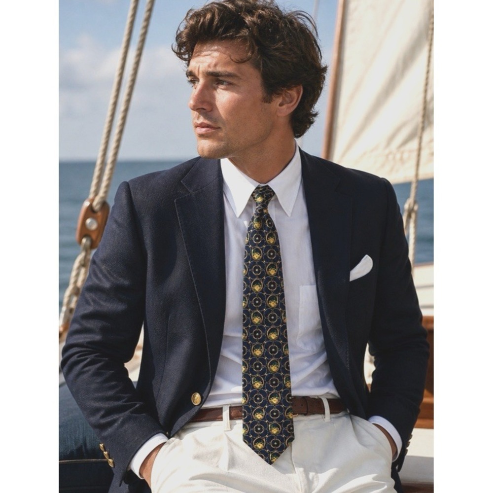 Da Vinci Firenze 100% Silk Necktie Made in Italy‎ Navy Yellow Nautical Luxury